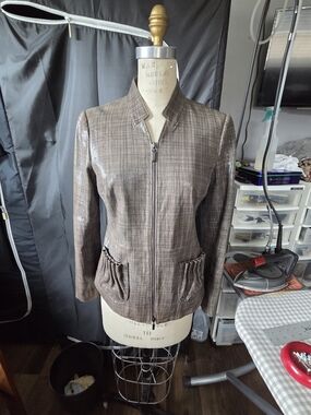 Women's Taupe Plaid-Effect Leather Zip Jacket